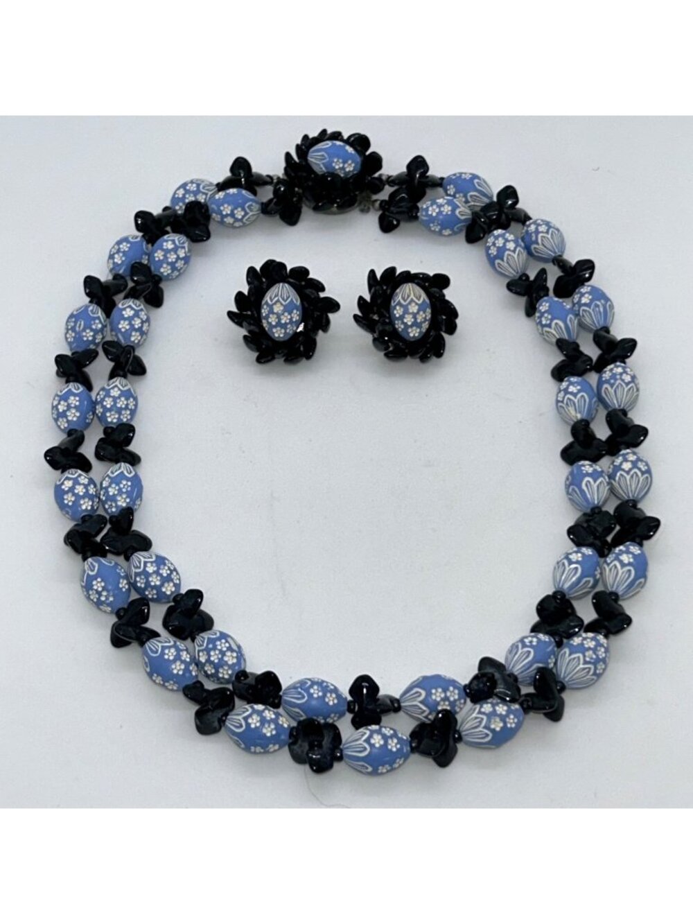 Vintage West Germany Blue & Black Easter Egg Bead Necklace Box Clasp Clip-On